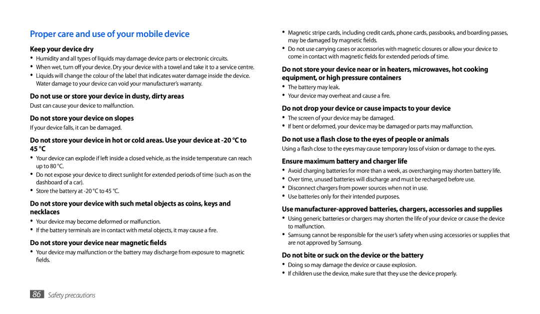 Samsung GT-P1000CWDDTM, GT-P1000CWAVD2, GT-P1000CWDDBT manual Proper care and use of your mobile device, Keep your device dry 