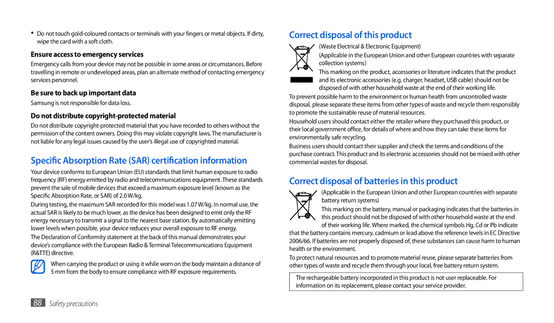 Samsung GT-P1000CWAMOB manual Specific Absorption Rate SAR certification information, Correct disposal of this product 