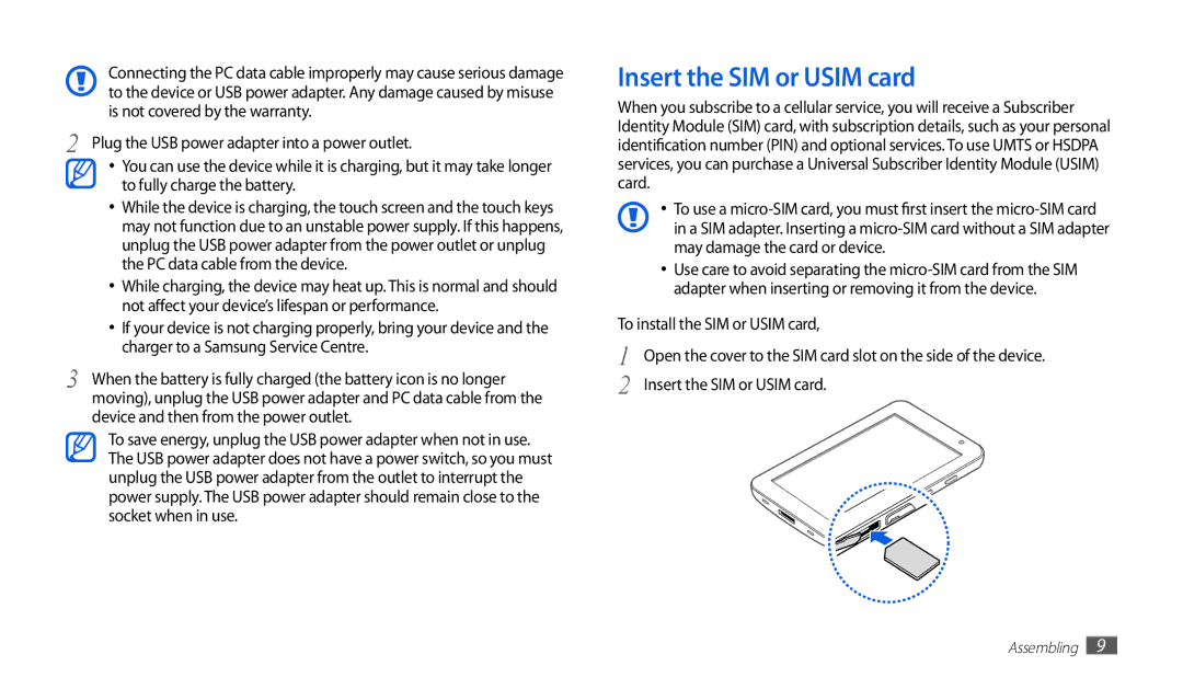 Samsung GT-P1000CWADBT Insert the SIM or Usim card, Device and then from the power outlet, To install the SIM or Usim card 