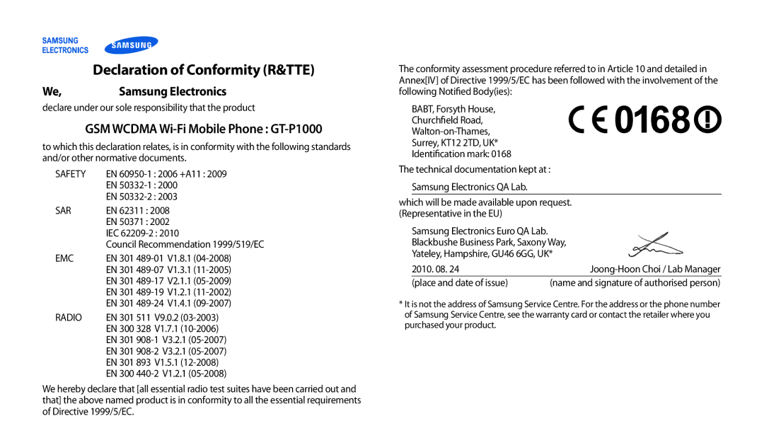 Samsung GT-P1000CWDATO, GT-P1000CWAVD2, GT-P1000CWDDBT, GT-P1000ZKDDBT, GT-P1000MSADBT manual Declaration of Conformity R&TTE 