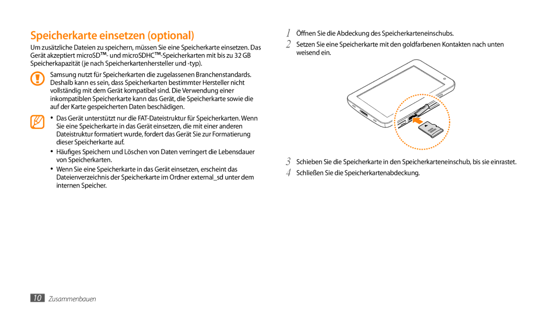 Samsung GT-P1000CWAATO, GT-P1000CWAVD2, GT-P1000CWDDBT, GT-P1000ZKDDBT manual Speicherkarte einsetzen optional, Weisend ein 