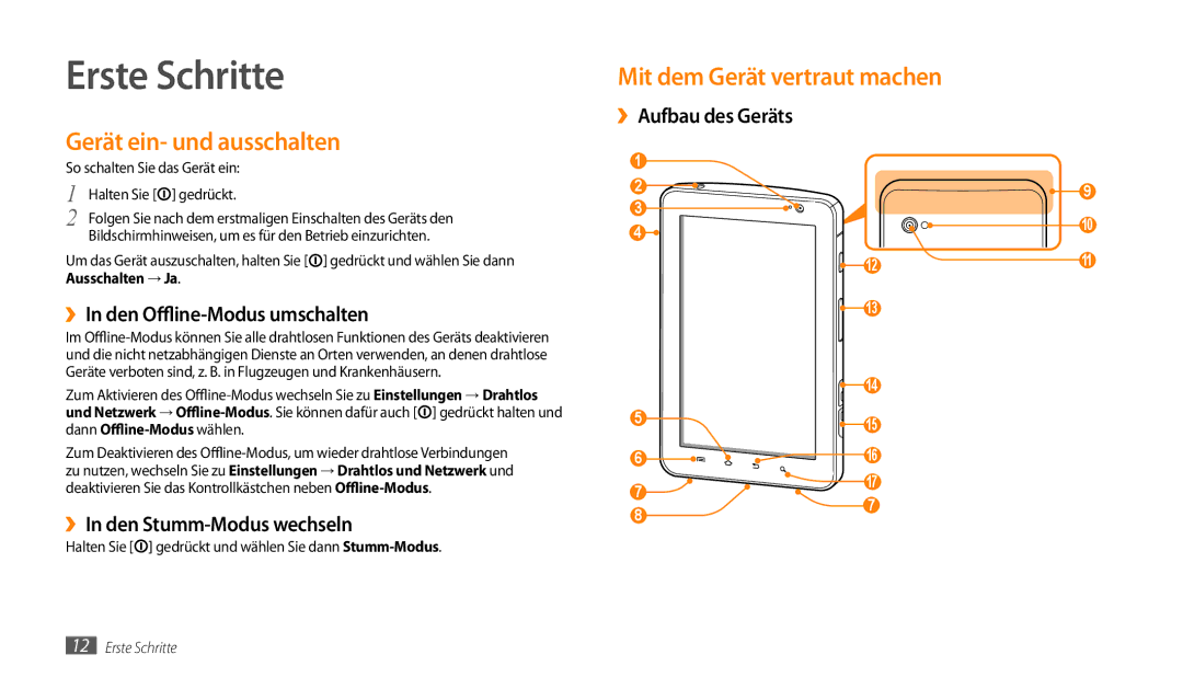 Samsung GT-P1000MSAVIA, GT-P1000CWAVD2 manual Erste Schritte, Gerät ein- und ausschalten, Mit dem Gerät vertraut machen 