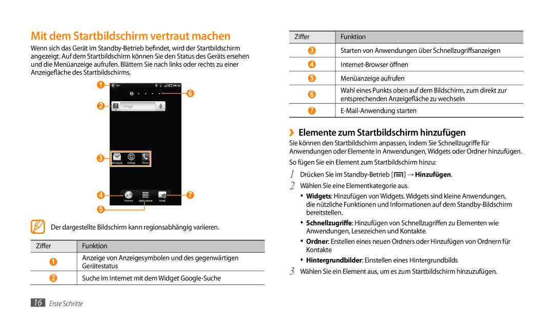 Samsung GT-P1000CWAVD2, GT-P1000CWDDBT Mit dem Startbildschirm vertraut machen, ››Elemente zum Startbildschirm hinzufügen 