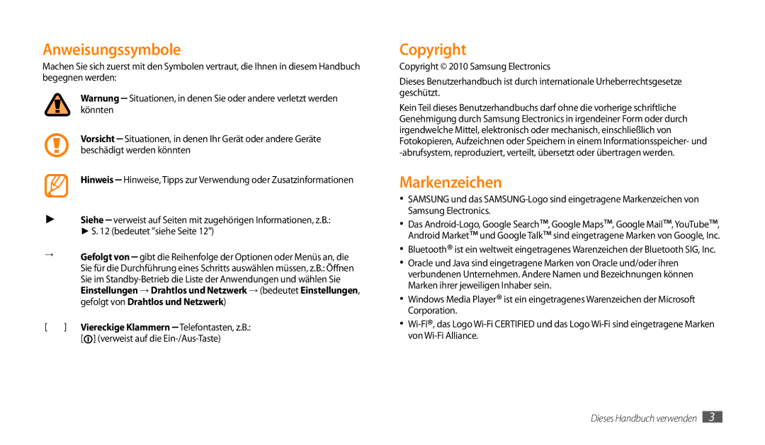 Samsung GT-P1000MSADBT, GT-P1000CWAVD2 manual Anweisungssymbole, Copyright, Markenzeichen, Verweist auf die Ein-/Aus-Taste 