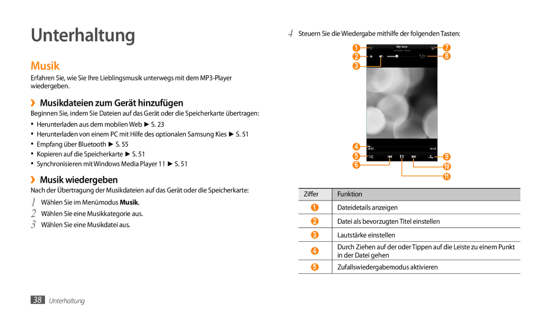 Samsung GT-P1000CWDDTM, GT-P1000CWAVD2 manual Unterhaltung, ››Musikdateien zum Gerät hinzufügen, ››Musik wiedergeben 