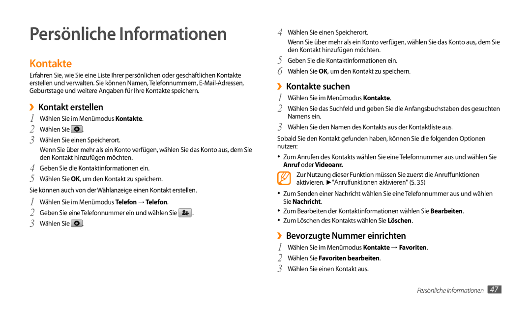 Samsung GT-P1000CWADTM, GT-P1000CWAVD2 manual Persönliche Informationen, ››Kontakt erstellen, ››Kontakte suchen 