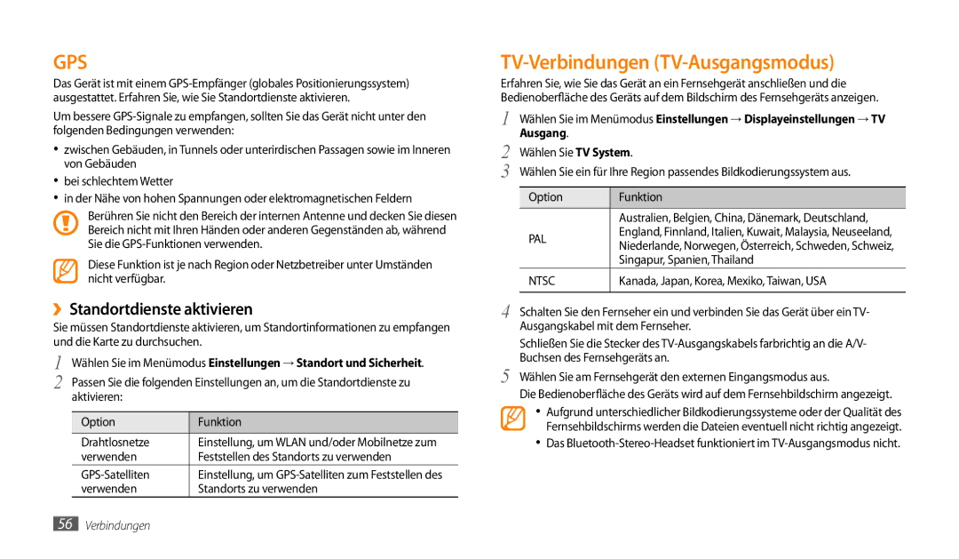 Samsung GT-P1000CWAMOB, GT-P1000CWAVD2, GT-P1000CWDDBT manual TV-Verbindungen TV-Ausgangsmodus, ››Standortdienste aktivieren 