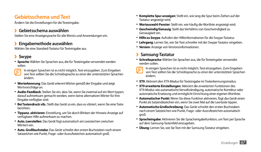 Samsung GT-P1000MSADBT manual Gebietsschema und Text, ››Gebietsschema auswählen, ››Eingabemethode auswählen, ››Swype 