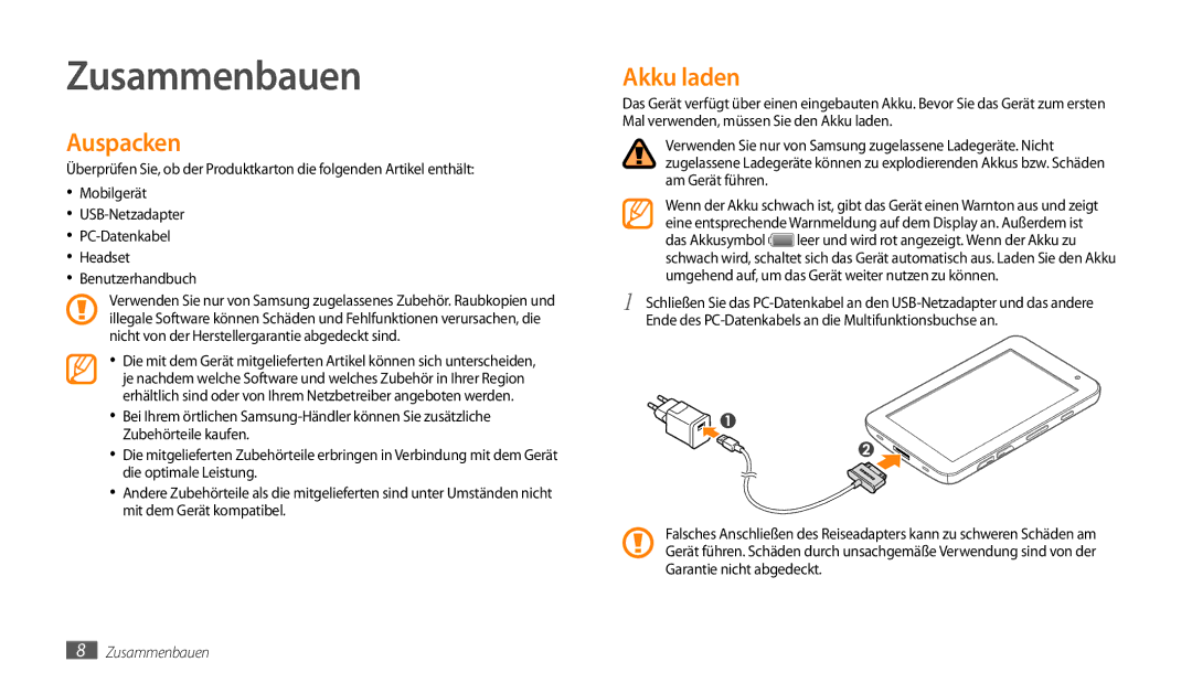 Samsung GT-P1000CWAMOB, GT-P1000CWAVD2, GT-P1000CWDDBT, GT-P1000ZKDDBT, GT-P1000MSADBT Zusammenbauen, Auspacken, Akku laden 