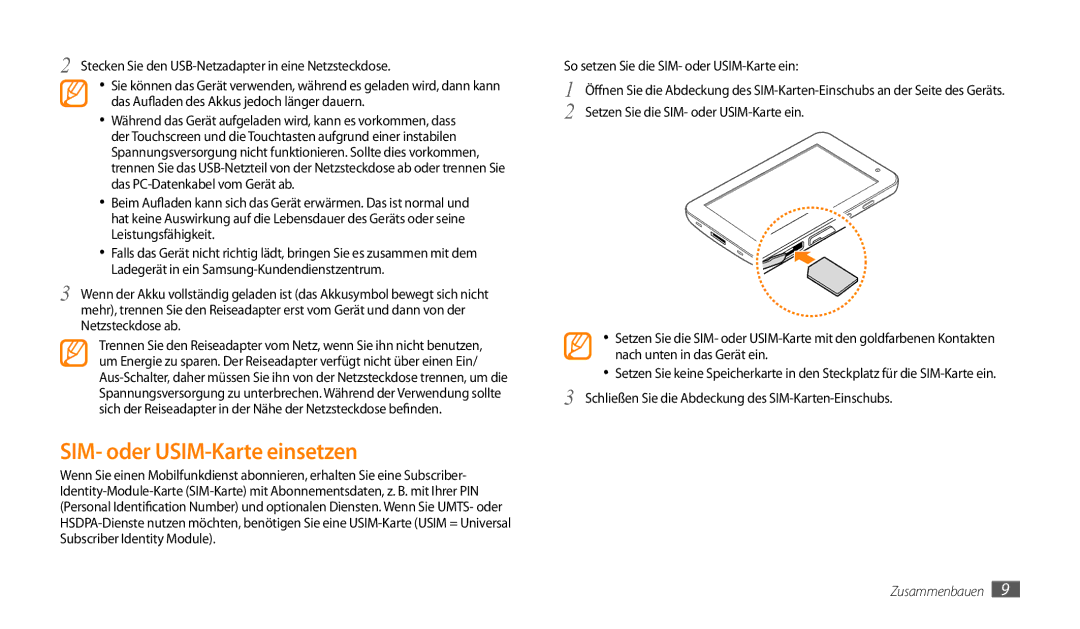 Samsung GT-P1000CWADBT, GT-P1000CWAVD2 manual SIM- oder USIM-Karte einsetzen, So setzen Sie die SIM- oder USIM-Karte ein 