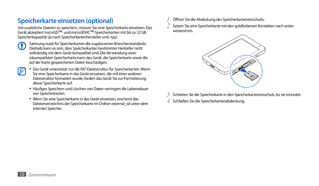 Samsung GT-P1000CWAATO, GT-P1000CWAVD2, GT-P1000CWDDBT, GT-P1000ZKDDBT manual Speicherkarte einsetzen optional, Weisend ein 