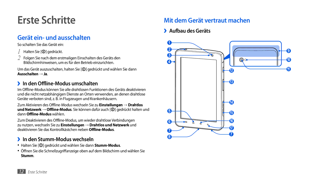 Samsung GT-P1000MSAVIA, GT-P1000CWAVD2 manual Erste Schritte, Gerät ein- und ausschalten, Mit dem Gerät vertraut machen 