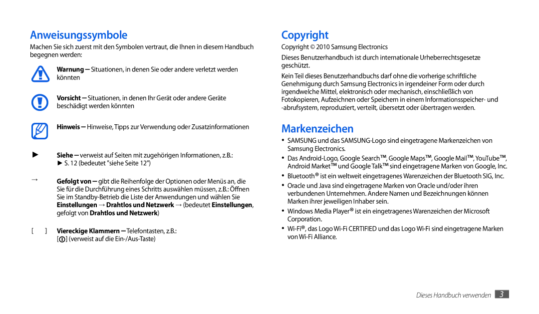 Samsung GT-P1000MSADBT, GT-P1000CWAVD2 manual Anweisungssymbole, Copyright, Markenzeichen, Verweist auf die Ein-/Aus-Taste 
