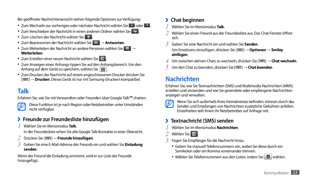 Samsung GT-P1000CWDDBT, GT-P1000CWAVD2 manual Nachrichten, Talk, ››Chat beginnen, ››Freunde zur Freundesliste hinzufügen 