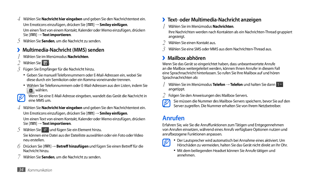 Samsung GT-P1000ZKDDBT manual Anrufen, ››Multimedia-Nachricht MMS senden, ››Text- oder Multimedia-Nachricht anzeigen 