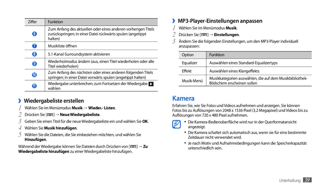 Samsung GT-P1000CWDVIA, GT-P1000CWAVD2 manual Kamera, ››Wiedergabeliste erstellen, ››MP3-Player-Einstellungen anpassen 