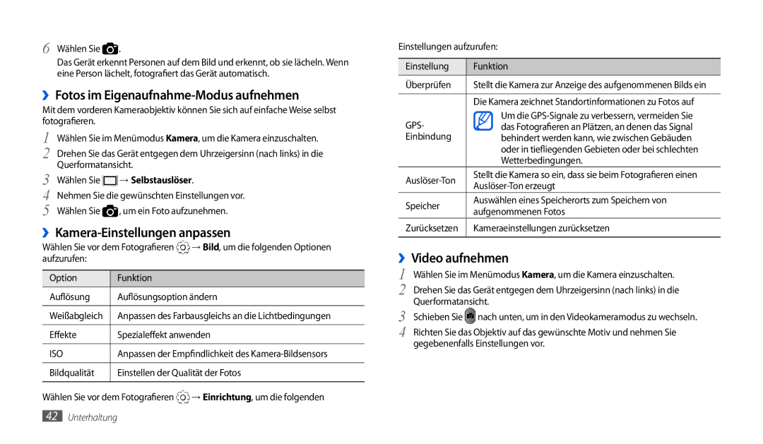 Samsung GT-P1000CWAATO manual ››Fotos im Eigenaufnahme-Modus aufnehmen, ››Kamera-Einstellungen anpassen, ››Video aufnehmen 