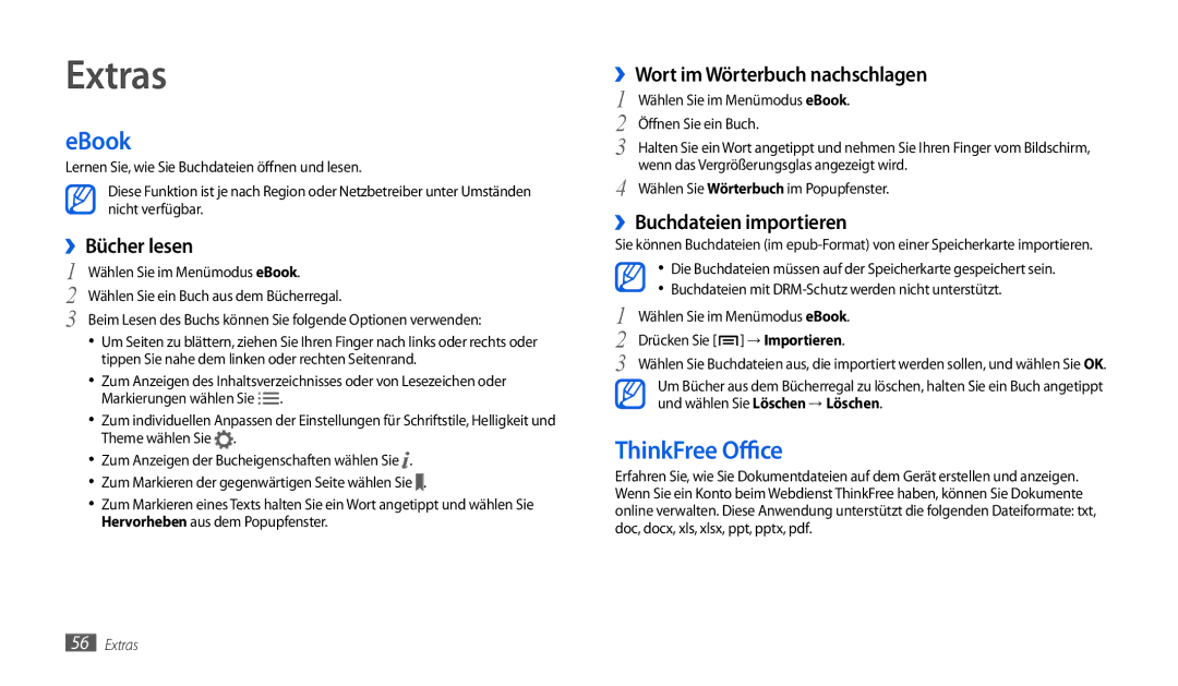 Samsung GT-P1000CWAMOB, GT-P1000CWAVD2, GT-P1000CWDDBT, GT-P1000ZKDDBT, GT-P1000MSADBT manual Extras, EBook, ThinkFree Office 