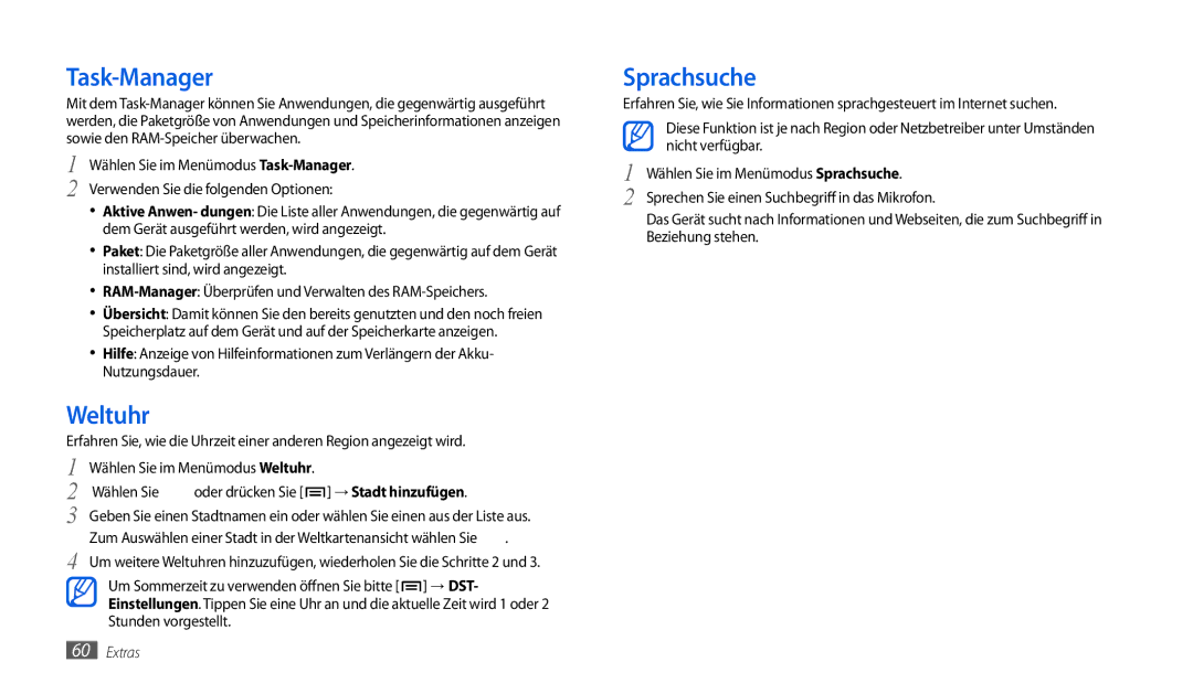 Samsung GT-P1000MSAVIA, GT-P1000CWAVD2, GT-P1000CWDDBT manual Task-Manager, Weltuhr, Wählen Sie im Menümodus Sprachsuche 