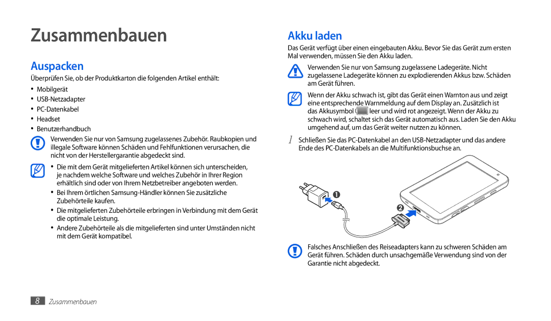 Samsung GT-P1000CWAMOB, GT-P1000CWAVD2, GT-P1000CWDDBT, GT-P1000ZKDDBT, GT-P1000MSADBT Zusammenbauen, Auspacken, Akku laden 