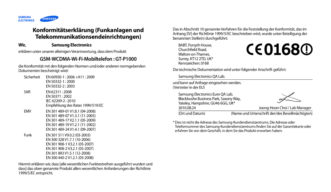 Samsung GT-P1000CWAVD2 manual EN 50332-1, EN 50332-2, EN 62311, EN 50371, IEC 62209-2, Funk, 2010.08.24, Ort und Datum 