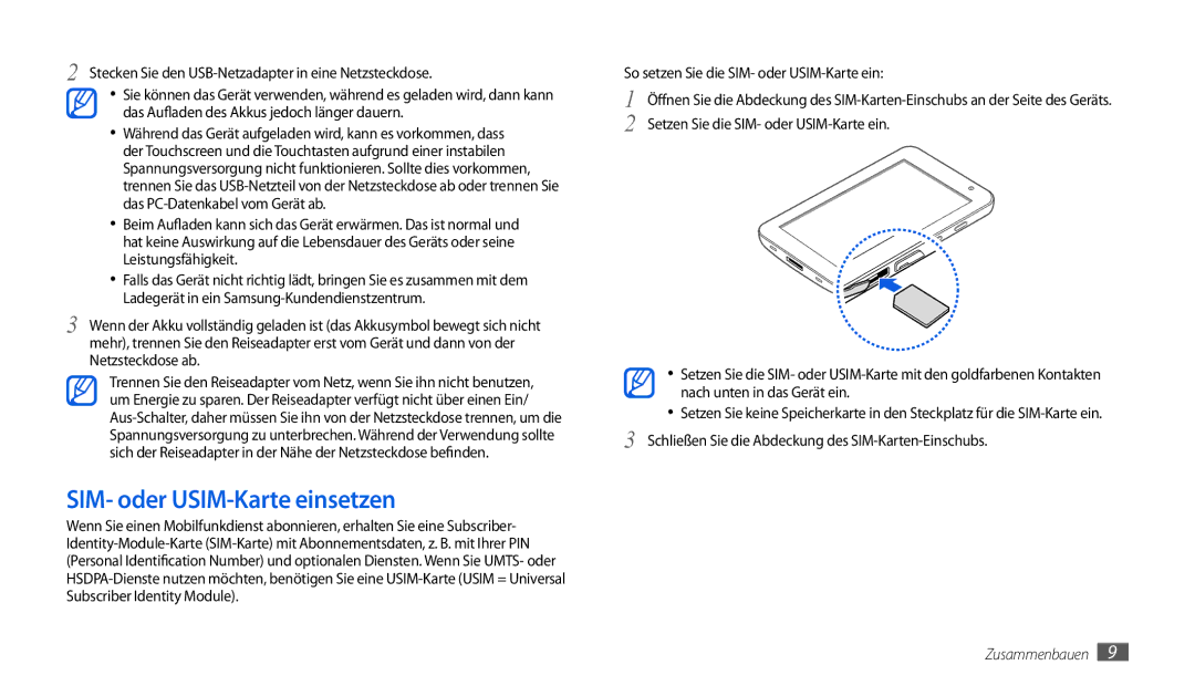 Samsung GT-P1000CWADBT, GT-P1000CWAVD2 manual SIM- oder USIM-Karte einsetzen, So setzen Sie die SIM- oder USIM-Karte ein 