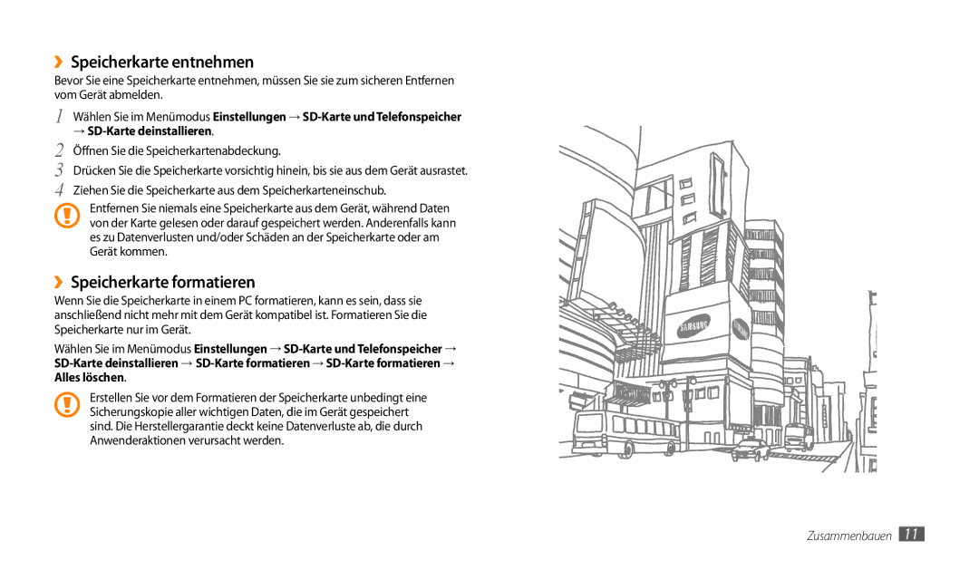 Samsung GT-P1000CWDEPL ››Speicherkarte entnehmen, ››Speicherkarte formatieren, Öffnen Sie die Speicherkartenabdeckung 