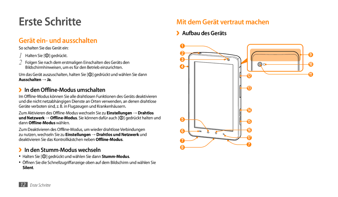 Samsung GT-P1000MSAVIA, GT-P1000CWAVD2 manual Erste Schritte, Gerät ein- und ausschalten, Mit dem Gerät vertraut machen 