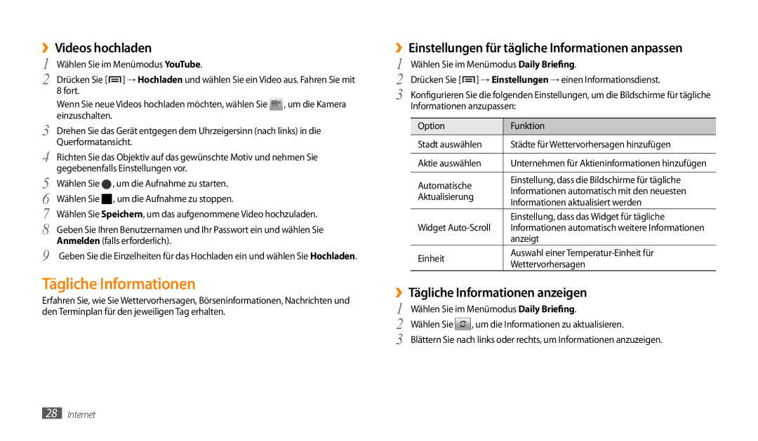 Samsung GT-P1000MSAVIA Tägliche Informationen, ››Videos hochladen, ››Einstellungen für tägliche Informationen anpassen 