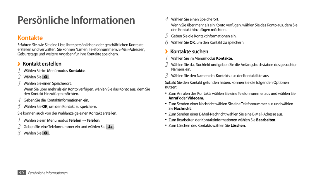 Samsung GT-P1000CWAVIA, GT-P1000CWAVD2 manual Persönliche Informationen, ››Kontakt erstellen, ››Kontakte suchen 