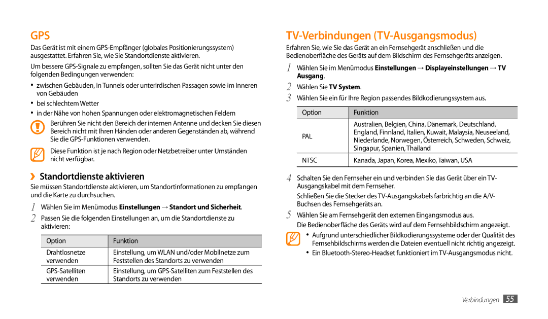 Samsung GT-P1000CWDVIA, GT-P1000CWAVD2, GT-P1000CWDDBT manual TV-Verbindungen TV-Ausgangsmodus, ››Standortdienste aktivieren 