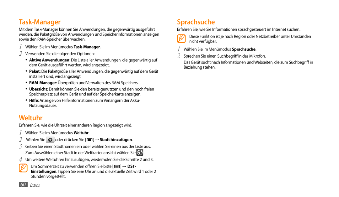 Samsung GT-P1000MSAVIA, GT-P1000CWAVD2, GT-P1000CWDDBT manual Task-Manager, Weltuhr, Wählen Sie im Menümodus Sprachsuche 