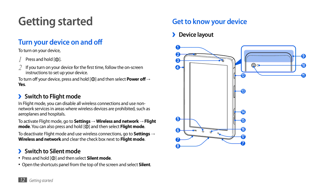 Samsung GT-P1000MSAVIA Getting started, Get to know your device Turn your device on and off, ›› Switch to Flight mode 