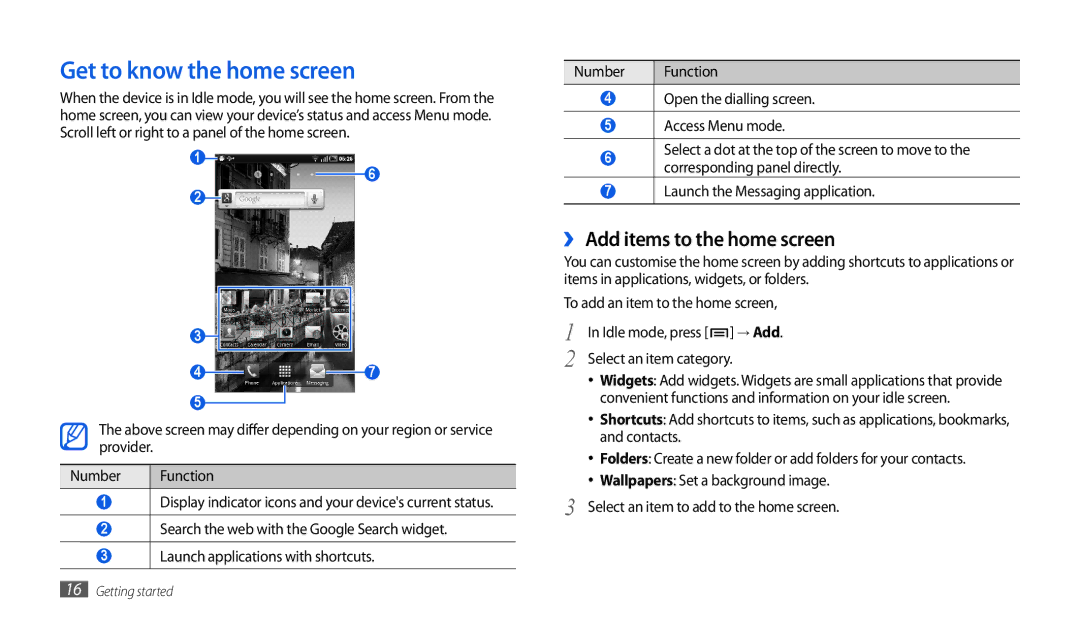 Samsung GT-P1000CWAVD2 manual Get to know the home screen, ›› Add items to the home screen, Select an item category 