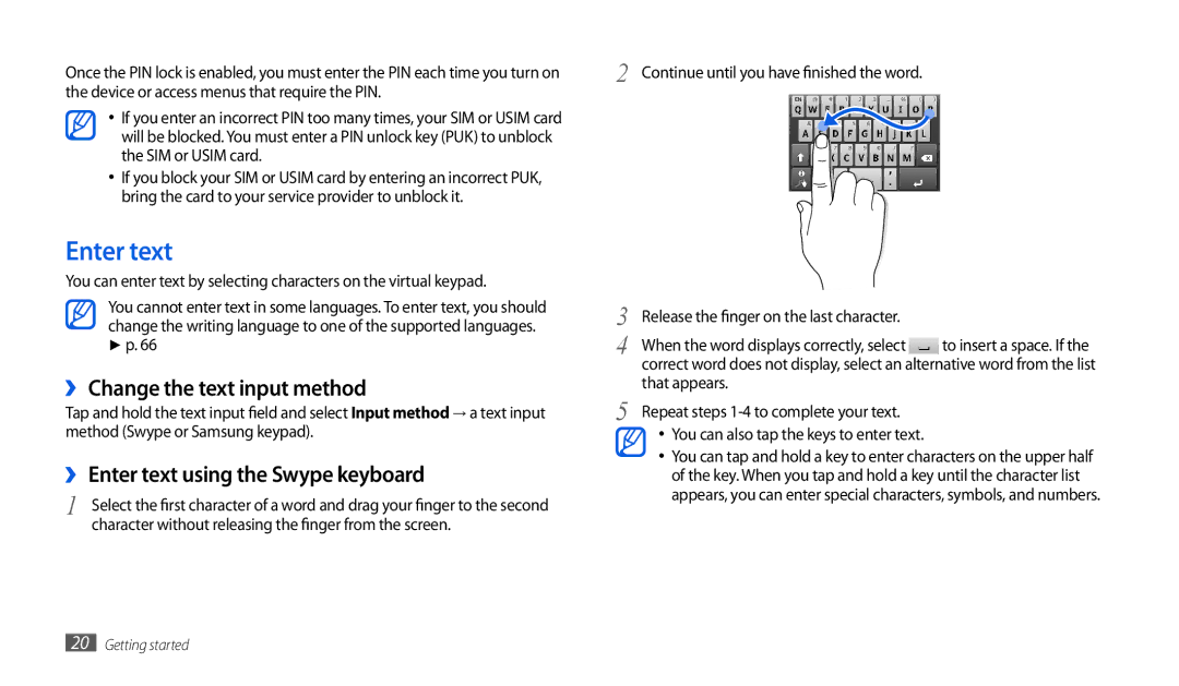 Samsung GT-P1000CWDVD2, GT-P1000CWAVD2 manual ›› Change the text input method, ›› Enter text using the Swype keyboard 