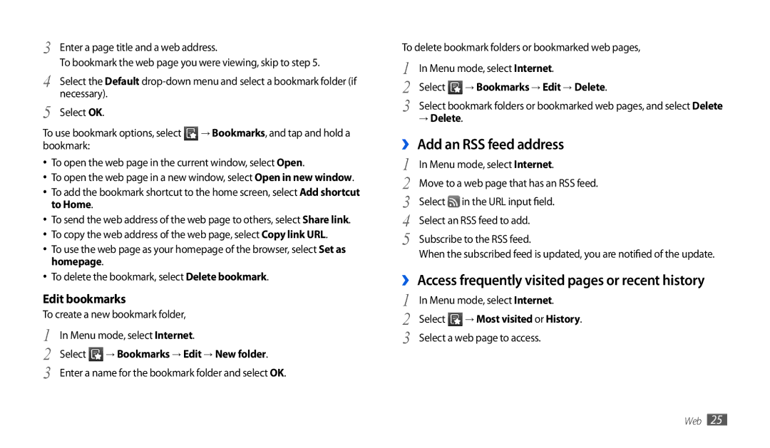 Samsung GT-P1000CWADBT manual ››Add an RSS feed address, ›› Access frequently visited pages or recent history, → Delete 