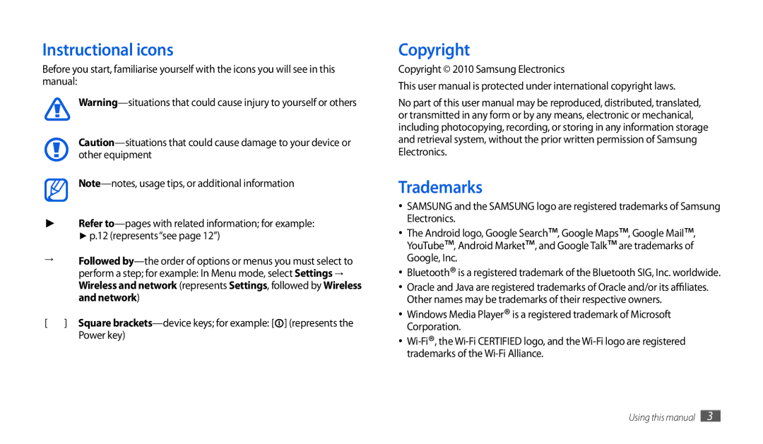 Samsung GT-P1000MSADBT, GT-P1000CWAVD2 manual Instructional icons, Trademarks, Copyright 2010 Samsung Electronics 