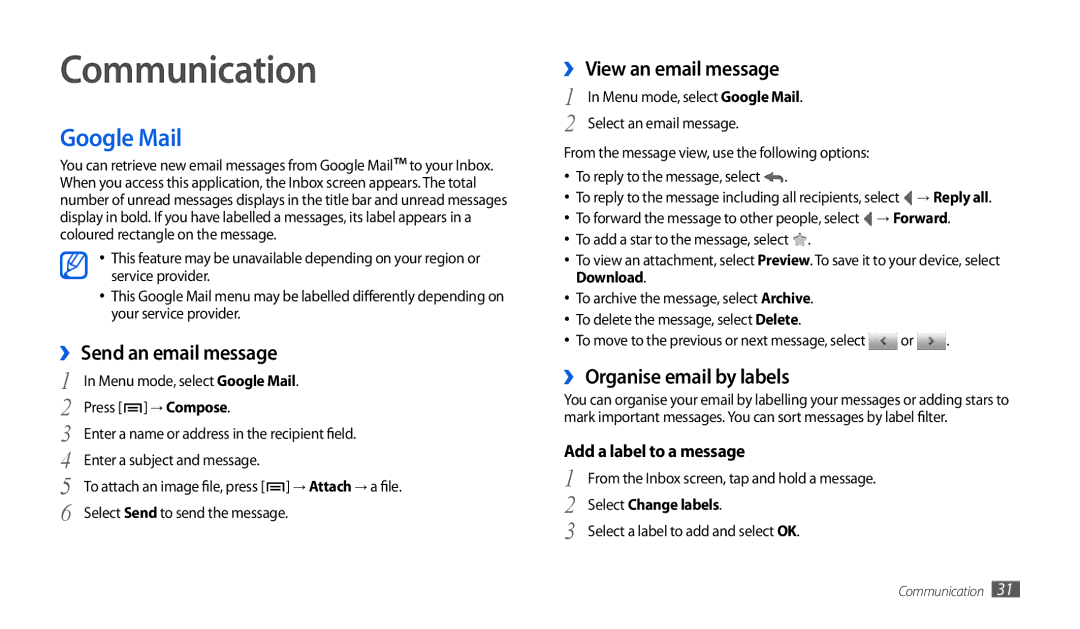 Samsung GT-P1000CWADTM, GT-P1000CWAVD2 manual Communication, Google Mail, ›› Send an email message, ›› View an email message 