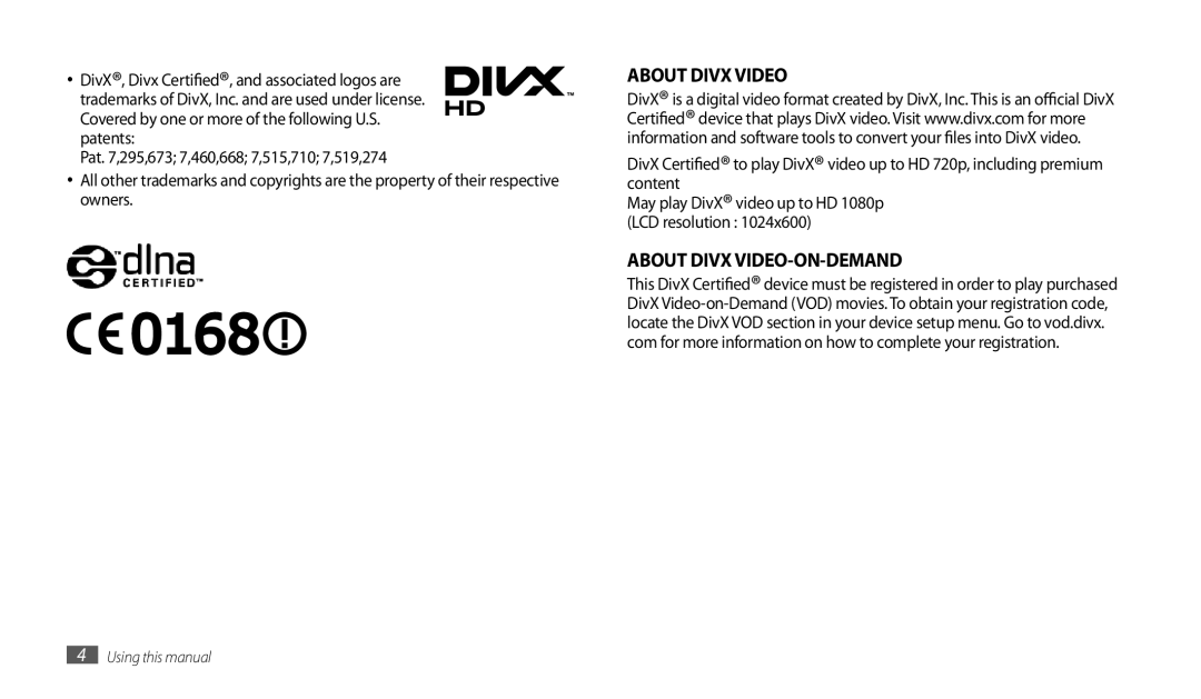 Samsung GT-P1000CWDVD2, GT-P1000CWAVD2, GT-P1000CWDDBT, GT-P1000ZKDDBT, GT-P1000MSADBT, GT-P1000CWAEPL manual About Divx Video 