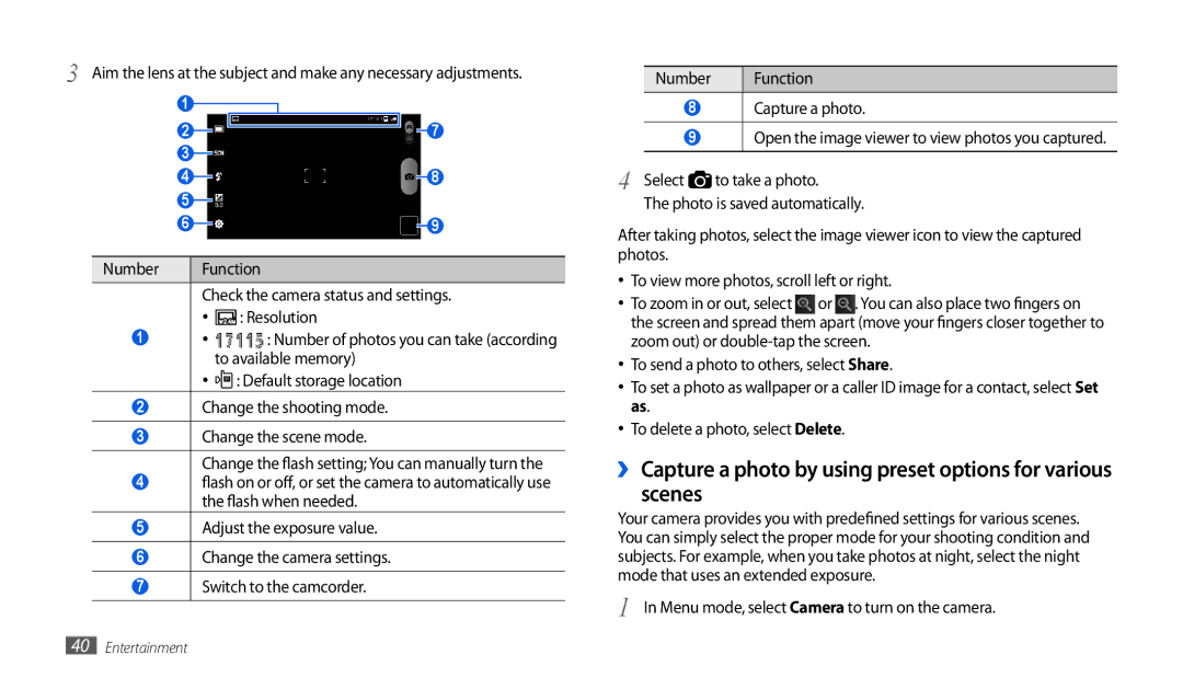 Samsung GT-P1000CWAMOB, GT-P1000CWAVD2 manual Scenes, Check the camera status and settings Resolution, To available memory 