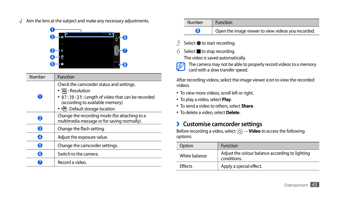 Samsung GT-P1000CWDEPL manual ›› Customise camcorder settings, Default storage location, → Video to access the following 