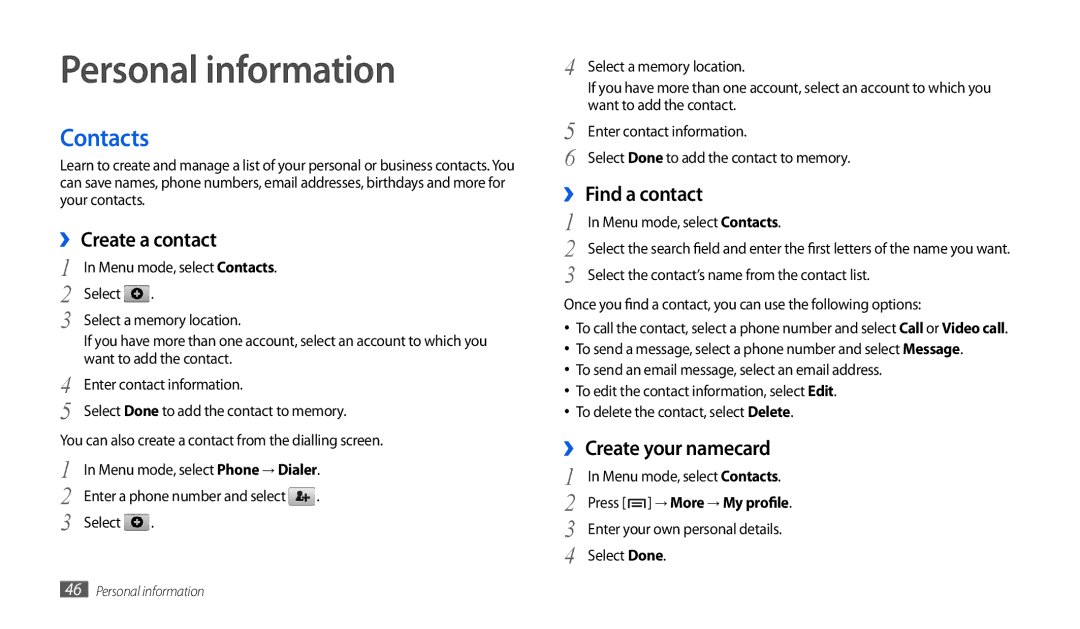 Samsung GT-P1000CWAVIA Personal information, Contacts, ›› Create a contact, ›› Find a contact, ›› Create your namecard 