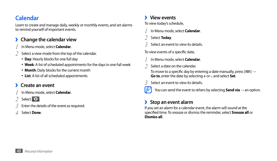 Samsung GT-P1000CWAVD2 Calendar, ›› Change the calendar view, ›› Create an event, ›› View events, ›› Stop an event alarm 