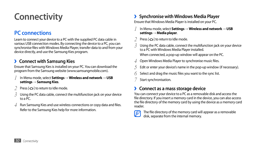 Samsung GT-P1000ZKDDBT Connectivity, PC connections, ›› Connect with Samsung Kies, ›› Connect as a mass storage device 