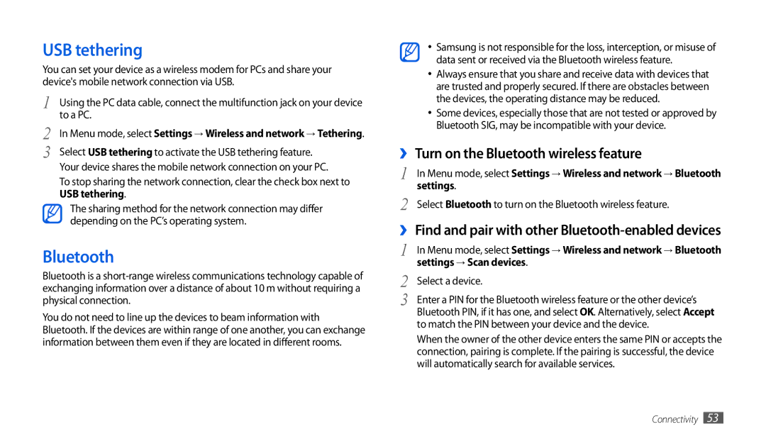 Samsung GT-P1000CWAEPL manual USB tethering, ›› Turn on the Bluetooth wireless feature, Settings → Scan devices 