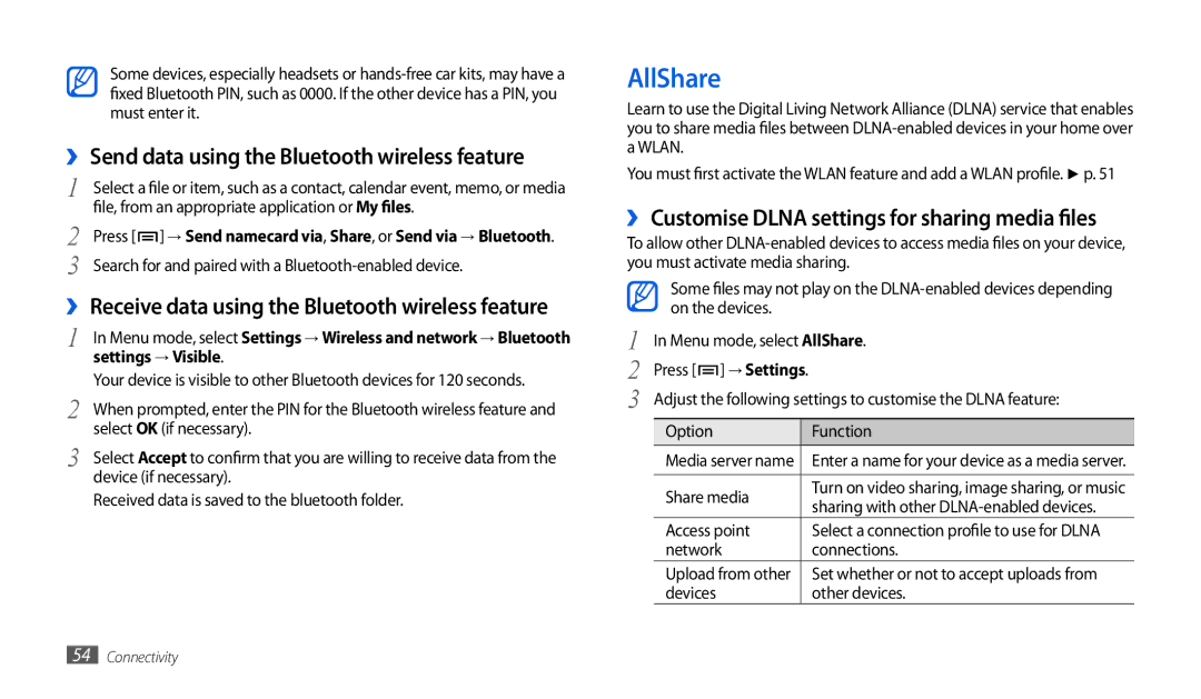 Samsung GT-P1000CWDDTM, GT-P1000CWAVD2 AllShare, ›› Send data using the Bluetooth wireless feature, Settings → Visible 