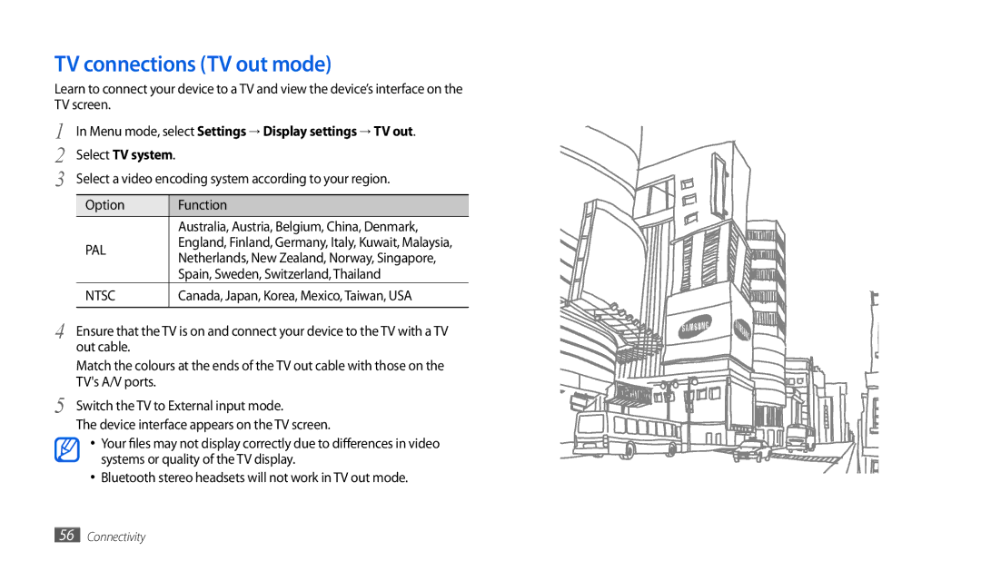 Samsung GT-P1000CWAMOB, GT-P1000CWAVD2, GT-P1000CWDDBT, GT-P1000ZKDDBT, GT-P1000MSADBT manual TV connections TV out mode 