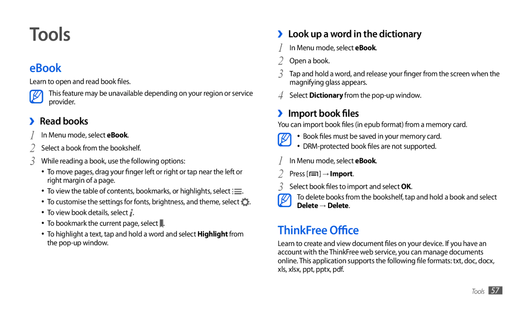 Samsung GT-P1000CWADBT, GT-P1000CWAVD2, GT-P1000CWDDBT, GT-P1000ZKDDBT, GT-P1000MSADBT manual Tools, EBook, ThinkFree Office 