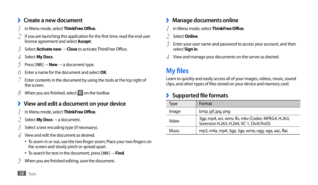 Samsung GT-P1000CWAATO, GT-P1000CWAVD2 manual My files, ›› Create a new document, ›› View and edit a document on your device 