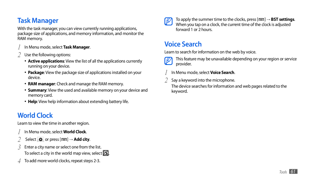 Samsung GT-P1000CWDATO, GT-P1000CWAVD2, GT-P1000CWDDBT, GT-P1000ZKDDBT manual Task Manager, World Clock, Voice Search 